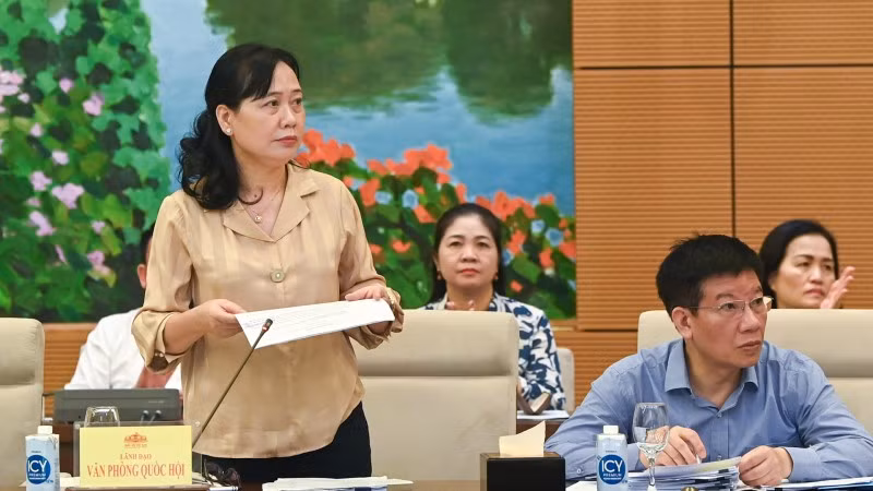 Phó Tổng Thư ký, Phó Chủ nhiệm Văn phòng Quốc hội Nguyễn Thị Thúy Ngần trình bày báo cáo tóm tắt. (Ảnh Duy Linh)