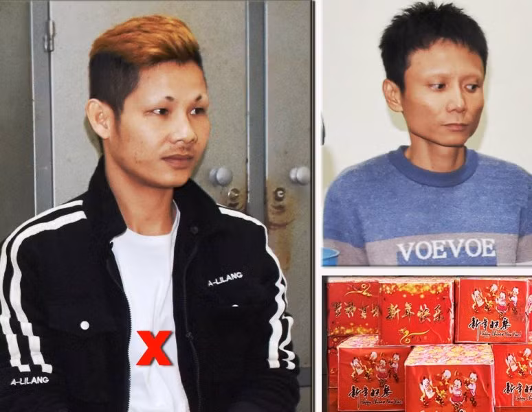 Hoàng Xuân Thành (X) cùng đối tượng liên quan và pháo tang vật.