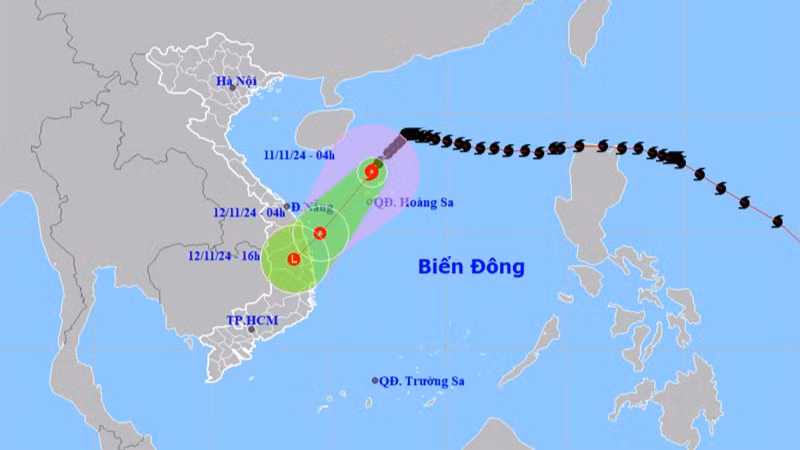 Vị trí và hướng di chuyển của bão số 7 lúc 4 giờ ngày 11/11. (Nguồn: nchmf.gov.vn)