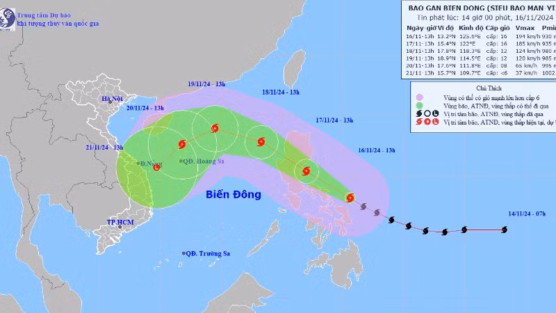 Vị trí và hướng di chuyển của bão Man-yi. (Nguồn: nchmf.gov.vn)