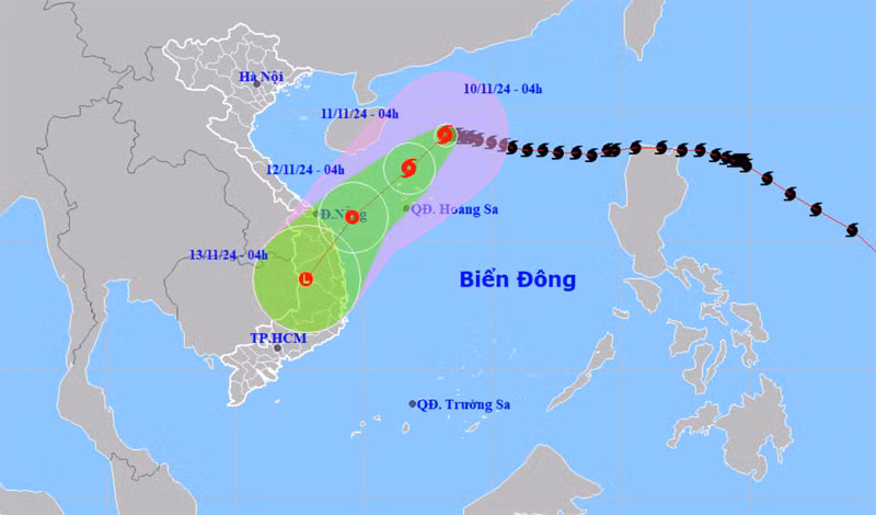 Vị trí và hướng di chuyển của bão số 7 lúc 4 giờ ngày 10/11. (Nguồn: nchmf.gov.vn)