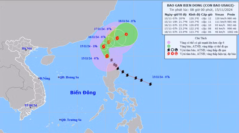 Vị trí và hướng di chuyển của bão Usagi. (Nguồn: nchmf.gov.vn)