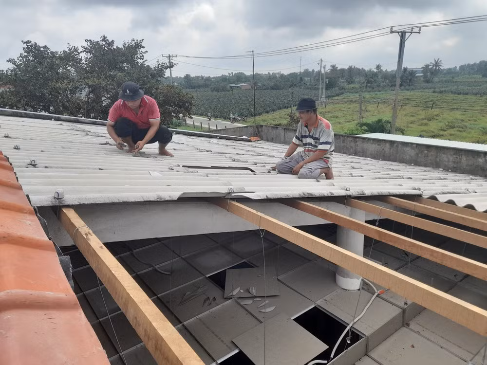 Người dân xã Vĩnh Công (Châu Thành, Long An) sửa lại mái nhà sau khi cơn lốc xoáy xảy ra vào chiều tối ngày 8/9/2023. Người dân xã Vĩnh Công (Châu Thành, Long An) sửa lại mái nhà sau khi cơn lốc xoáy xảy ra vào chiều tối ngày 8/9/2023.