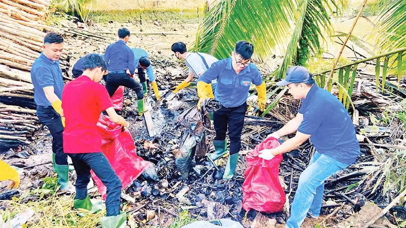 Đoàn viên, thanh niên huyện Mỏ Cày Nam (tỉnh Bến Tre) tham gia dọn dẹp vệ sinh môi trường. Đoàn viên, thanh niên huyện Mỏ Cày Nam (tỉnh Bến Tre) tham gia dọn dẹp vệ sinh môi trường.
