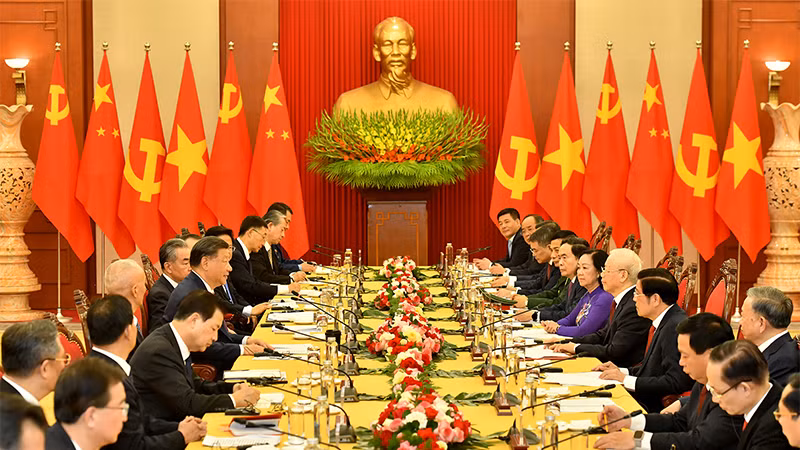 Tổng Bí thư Nguyễn Phú Trọng hội đàm với Tổng Bí thư, Chủ tịch Trung Quốc Tập Cận Bình. Ảnh | ĐĂNG KHOA
