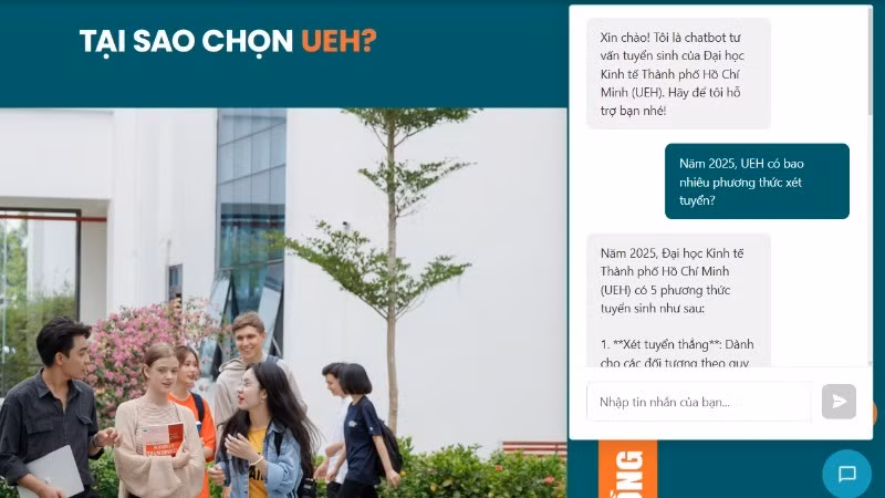 Giao diện UEH AI Chatbot tại các web tuyển sinh UEH.