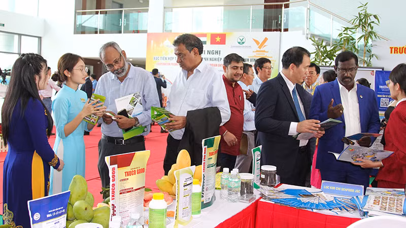 Doanh nghiệp Ấn Độ tham quan các gian hàng trưng bày sản phẩm đặc trưng của tỉnh Vĩnh Long. 