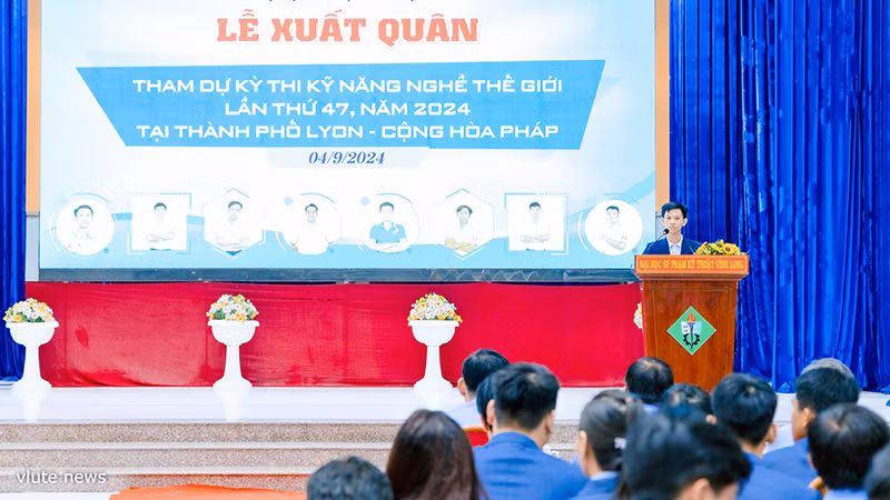 Thí sinh tham gia kỳ thi kỹ năng nghề thế giới phát biểu tuyên thệ. Thí sinh tham gia kỳ thi kỹ năng nghề thế giới phát biểu tuyên thệ.