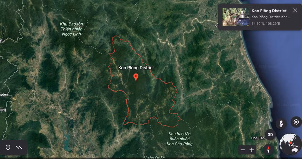 Khu vực huyện Kon Plông, nơi liên tiếp xảy ra các trận động đất vừa qua. (Ảnh: Google Earth) Khu vực huyện Kon Plông, nơi liên tiếp xảy ra các trận động đất vừa qua. (Ảnh: Google Earth)