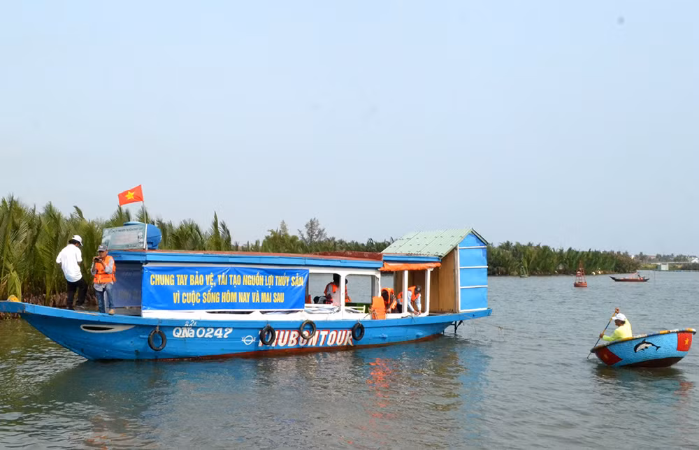 Thả tôm sú giống xuống khu vực rừng dừa Bảy Mẫu. (Ảnh: Q.V)