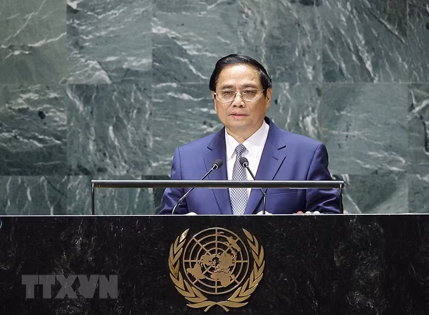 Thủ tướng Phạm Minh Chính phát biểu tại Phiên thảo luận chung cấp cao Khóa 78 Đại hội đồng Liên hợp quốc. (Ảnh: Dương Giang/TTXVN)