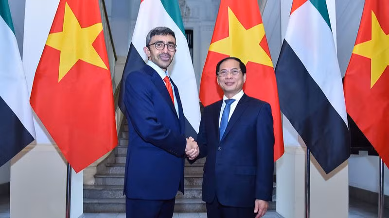 Bộ trưởng Ngoại giao Bùi Thanh Sơn đón Bộ trưởng Ngoại giao Các Tiểu vương quốc Arab thống nhất Sheikh Abdullah bin Zayed Al Nahyan.