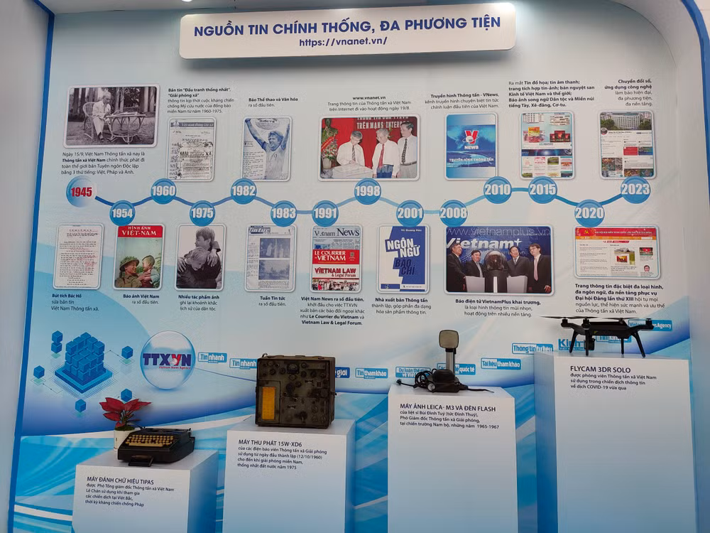 Điểm nhấn của gian hàng TTXVN năm nay là infographic lịch sử hình thành và phát triển của TTXVN và các hiện vật đã được phóng viên TTXVN sử dụng trong kháng chiến chống Pháp, chống Mỹ và chiến dịch thông tin về dịch Covid-19 vừa qua. Đặc biệt, TTXVN giới thiệu tới người xem một trường quay ảo hiện đại để khán giả được trải nghiệp làm MC, lên hình tương tác tại trường quay… Điểm nhấn của gian hàng TTXVN năm nay là infographic lịch sử hình thành và phát triển của TTXVN và các hiện vật đã được phóng viên TTXVN sử dụng trong kháng chiến chống Pháp, chống Mỹ và chiến dịch thông tin về dịch Covid-19 vừa qua. Đặc biệt, TTXVN giới thiệu tới người xem một trường quay ảo hiện đại để khán giả được trải nghiệp làm MC, lên hình tương tác tại trường quay…