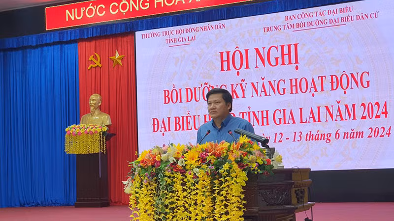 Ông Trương Văn Đạt, Ủy viên Ban Thường vụ Tỉnh ủy, Phó chủ tịch Thường trực Hội đồng nhân dân tỉnh Gia Lai phát biểu khai mạc lớp tập huấn.