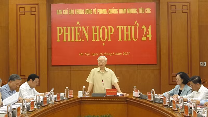 Tổng Bí thư Nguyễn Phú Trọng tại Phiên họp thứ 24 Ban Chỉ đạo Trung ương về phòng, chống tham nhũng, tiêu cực, ngày 16/8, tại Hà Nội. (Ảnh: TTXVN)