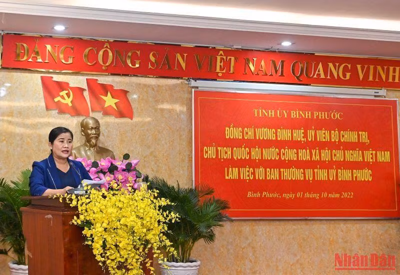 Chủ tịch Ủy ban nhân dân tỉnh Trần Tuệ Hiền trình bày báo cáo tại buổi làm việc.