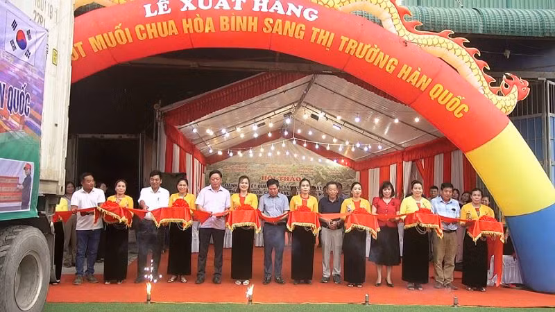 Đại diện lãnh đạo các sở, ngành và công ty xuất khẩu cắt băng khánh thành tại buổi lễ xuất hàng ớt muối chua sang Hàn Quốc.