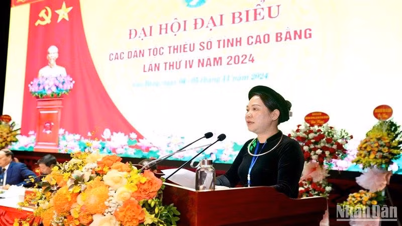 Thứ trưởng-Phó Chủ nhiệm Ủy ban Dân tộc Nông Thị Hà phát biểu ý kiến tại đại hội.