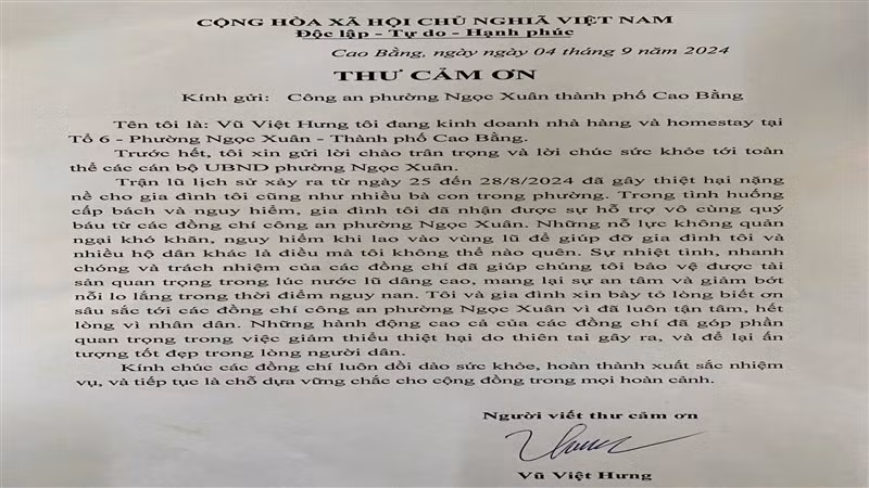 Thư cảm ơn người dân gửi Công an phường Ngọc Xuân, thành phố Cao Bằng, tỉnh Cao Bằng.