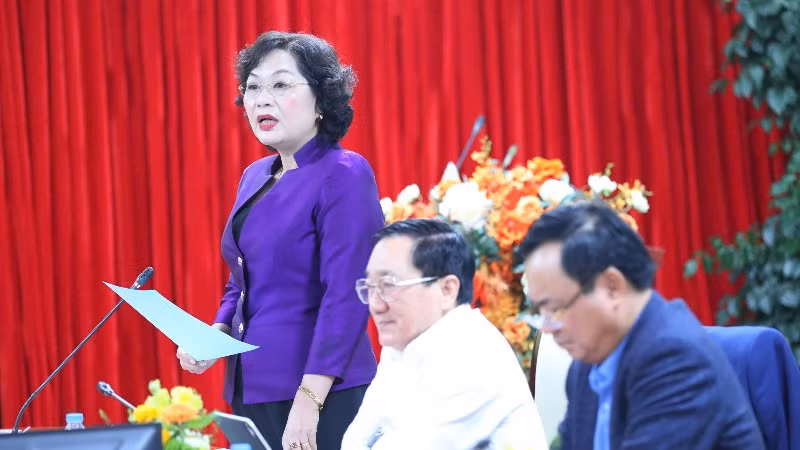 Thống đốc Ngân hàng Nhà nước kiêm Chủ tịch Hội đồng quản trị Ngân hàng Chính sách xã hội Nguyễn Thị Hồng phát biểu.