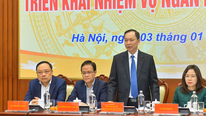 Phó Thống đốc Đào Minh Tú phát biểu tại cuộc họp báo.