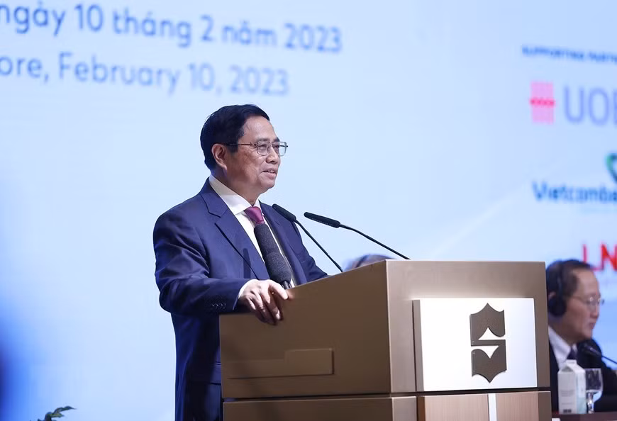 Thủ tướng Phạm Minh Chính phát biểu tại Diễn đàn Doanh nghiệp Việt Nam-Singapore. 