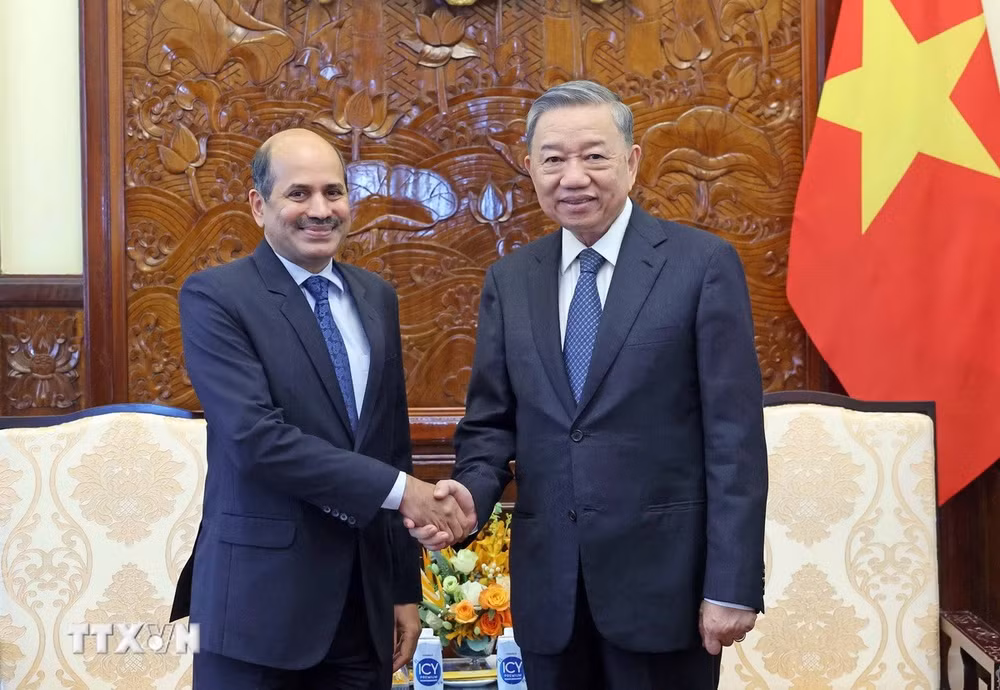 Chủ tịch nước Tô Lâm tiếp Đại sứ Cộng hòa Ấn Độ tại Việt Nam Sandeep Arya. (Ảnh: TTXVN)