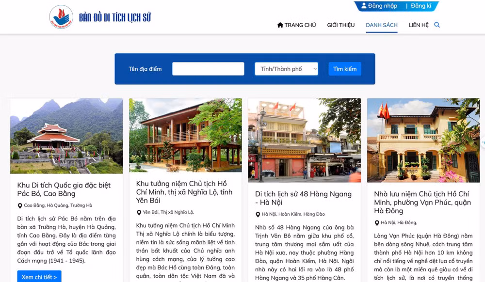 Giao diện trang web Bản đồ Di tích lịch sử. Giao diện trang web Bản đồ Di tích lịch sử.
