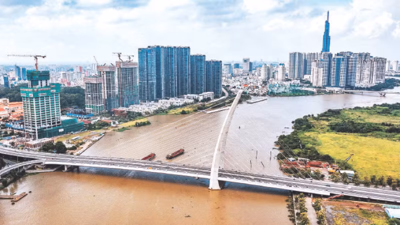 Cầu Thủ Thiêm nối Quận 1 và thành phố Thủ Đức nhìn từ trên cao.