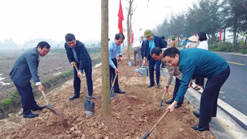 Các đồng chí lãnh đạo tỉnh Hải Dương trồng cây trên đường trục giao thông chính tại xã An Sơn, huyện Nam Sách.