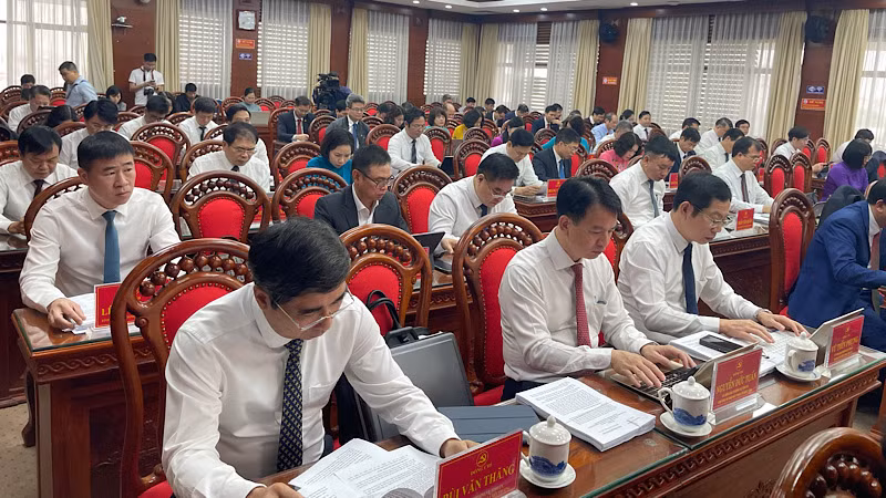 Các đại biểu nghiên cứu tài liệu và góp ý vào báo cáo tiến độ triển khai các kết luận của Trung ương về sắp xếp, tổ chức bộ máy trong hệ thống chính trị.