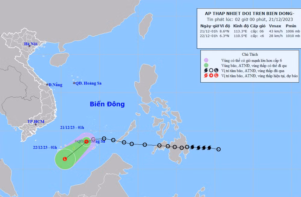 Vị trí và hướng di chuyển của áp thấp nhiệt đới. (Nguồn: nchmf.gov.vn)