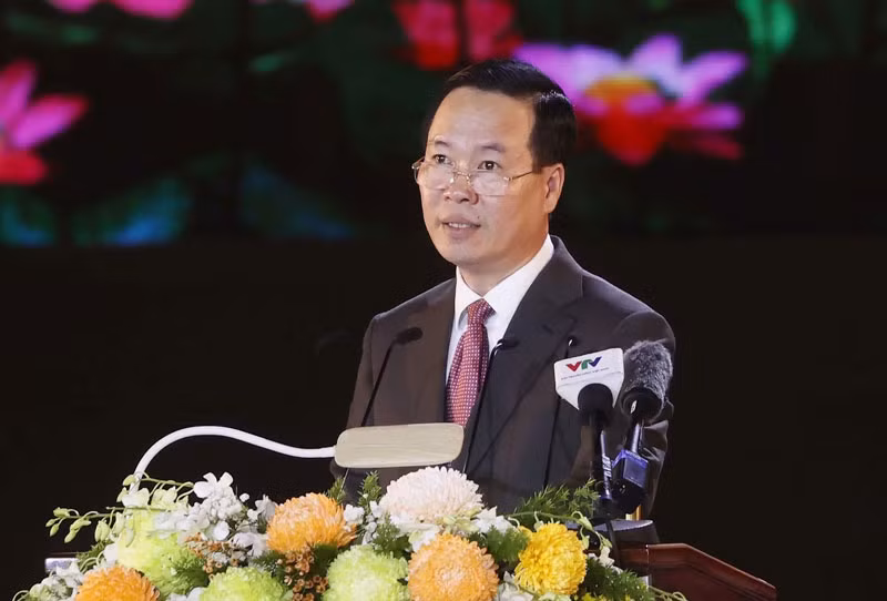 Chủ tịch nước Võ Văn Thưởng phát biểu tại Lễ kỷ niệm. (Ảnh: TTXVN)