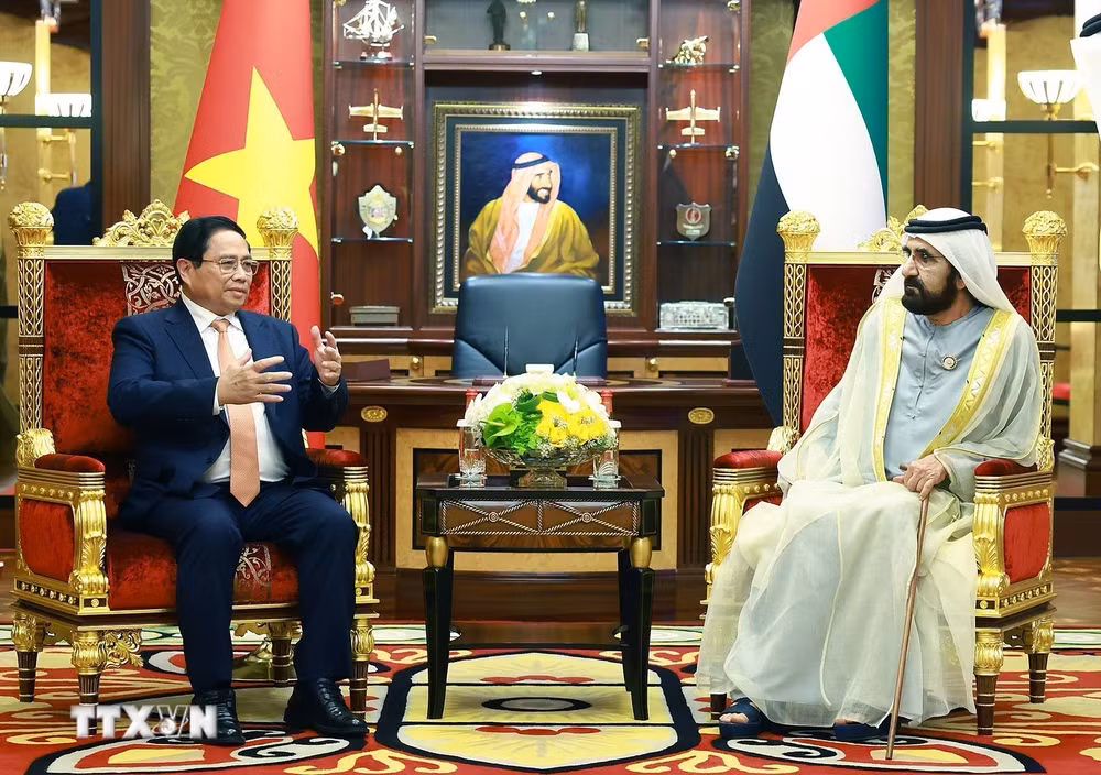 Thủ tướng Phạm Minh Chính hội đàm với Phó Tổng thống, Thủ tướng UAE Sheikh Mohammed bin Rashid Al Maktoum. (Ảnh: Dương Giang/TTXVN) Thủ tướng Phạm Minh Chính hội đàm với Phó Tổng thống, Thủ tướng UAE Sheikh Mohammed bin Rashid Al Maktoum. (Ảnh: Dương Giang/TTXVN)
