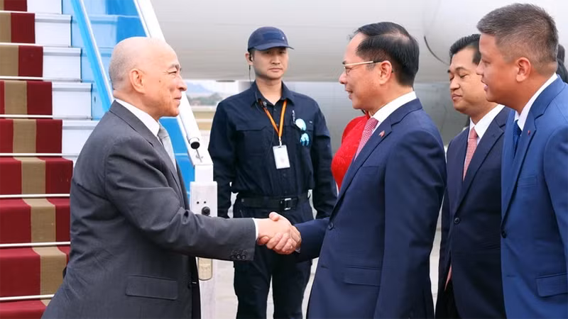 Phó Thủ tướng, Bộ trưởng Ngoại giao Bùi Thanh Sơn đón Quốc vương Campuchia Norodom Sihamoni tại Sân bay quốc tế Nội Bài, Hà Nội. (Ảnh: Phạm Kiên/TTXVN)