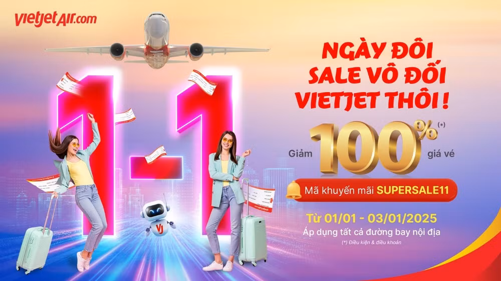 Chào năm mới 2025, du xuân may mắn cùng Vietjet với vé bay giảm 100% 