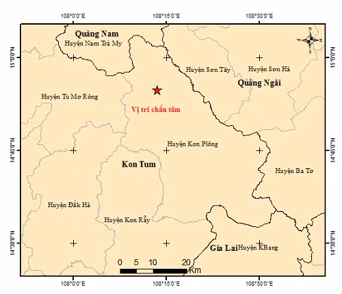Vị trí tâm chấn trận động đất thứ 6 xảy ra trong ngày tại huyện Kon Plông, tỉnh Kon Tum. (Ảnh: Viện Vật lý Địa cầu)