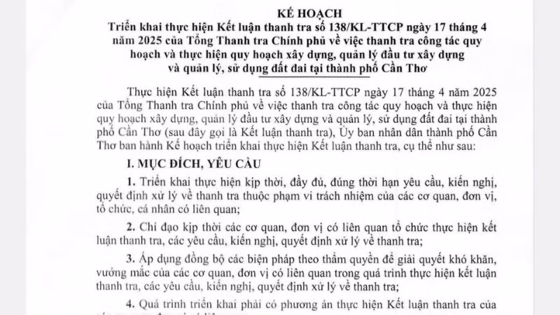 Kế hoạch triển khai thực hiện Kết luận Thanh tra Chính phủ của Ủy ban nhân dân thành phố Cần Thơ.