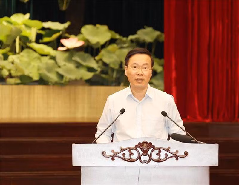 Đồng chí Võ Văn Thưởng, Ủy viên Bộ Chính trị, Thường trực Ban Bí thư phát biểu tại buổi làm việc.
