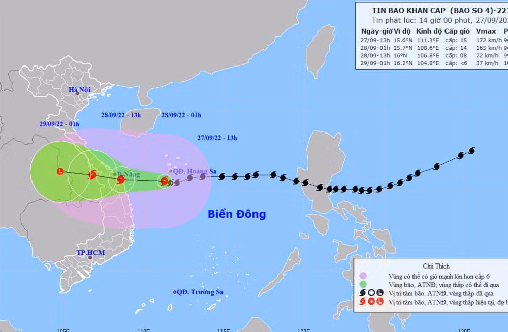 Vị trí và hướng di chuyển của bão số 4. (Nguồn: nchmg.gov.vn)