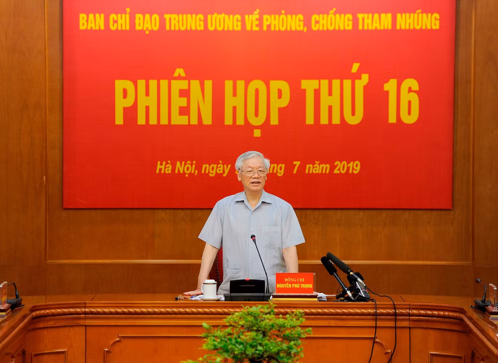 Tổng Bí thư, Chủ tịch nước Nguyễn Phú Trọng phat biểu tại phiên họp thứ 16, Ban Chỉ đạo Trung ương về phòng chống tham nhũng, ngày 26/7/2019. Ảnh: Đăng Khoa