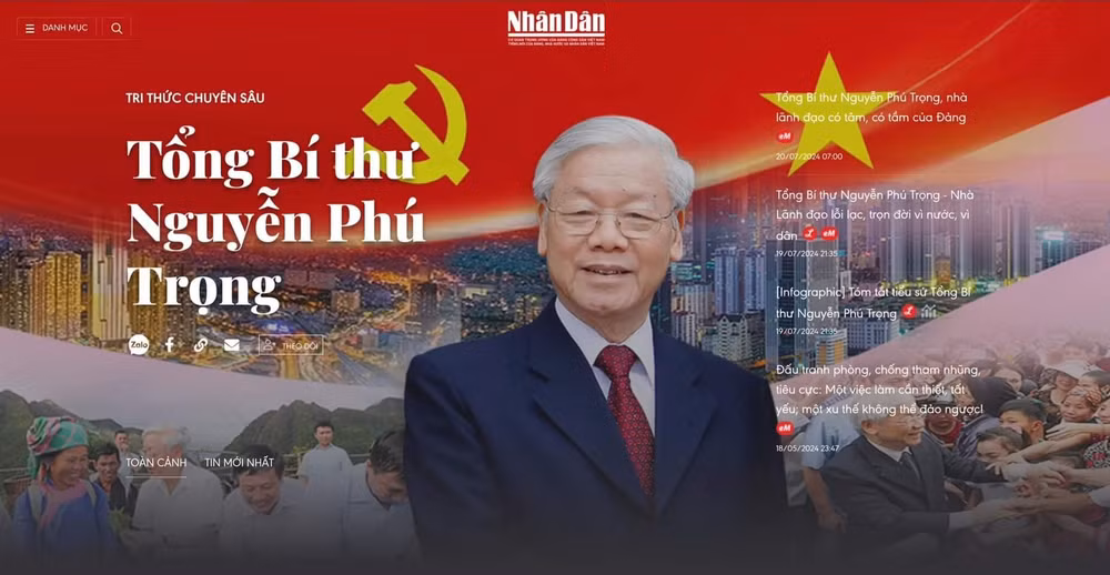 Trang "Tri thức chuyên sâu Tổng Bí thư Nguyễn Phú Trọng" trên Báo Nhân Dân điện tử được ra mắt sáng 20/7/2024. Tính đến ngày 24/7, chuyên trang cập nhật hơn 250 tin, bài, ảnh, video, thu hút hơn 10 triệu pageview, trong đó nhiều tin, bài đạt kỷ lục cao về lượt truy cập. Chuyên trang cũng nhận phản hồi tích cực của bạn đọc trên mạng xã hội với hàng nghìn ý kiến chia sẻ, bày tỏ tiếc thương Tổng Bí thư Nguyễn Phú Trọng thông qua Fanpage của Báo Nhân Dân. Trang "Tri thức chuyên sâu Tổng Bí thư Nguyễn Phú Trọng" trên Báo Nhân Dân điện tử được ra mắt sáng 20/7/2024. Tính đến ngày 24/7, chuyên trang cập nhật hơn 250 tin, bài, ảnh, video, thu hút hơn 10 triệu pageview, trong đó nhiều tin, bài đạt kỷ lục cao về lượt truy cập. Chuyên trang cũng nhận phản hồi tích cực của bạn đọc trên mạng xã hội với hàng nghìn ý kiến chia sẻ, bày tỏ tiếc thương Tổng Bí thư Nguyễn Phú Trọng thông qua Fanpage của Báo Nhân Dân.