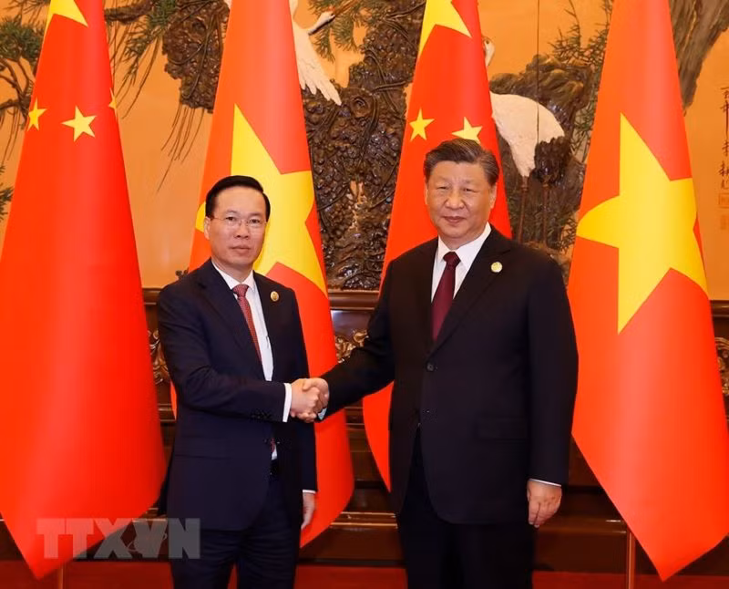 Chủ tịch nước Võ Văn Thưởng hội kiến Tổng Bí thư, Chủ tịch Trung Quốc Tập Cận Bình. (Ảnh: Thống Nhất/TTXVN)