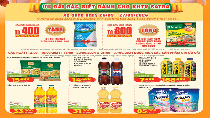 Hằng năm SATRA thường thực hiện khoảng 24 chương trình khuyến mãi (trung bình mỗi tháng có hai chương trình). Hằng năm SATRA thường thực hiện khoảng 24 chương trình khuyến mãi (trung bình mỗi tháng có hai chương trình).