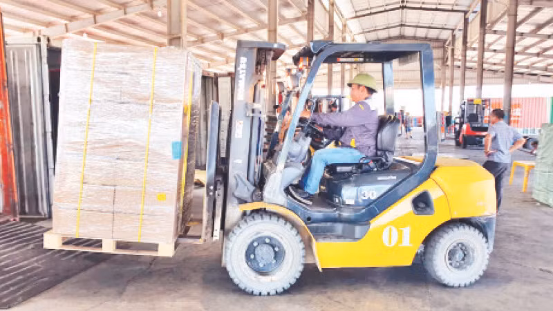 Bốc xếp hàng hóa nhập khẩu tại bãi kiểm hóa cầu Bắc Luân II.