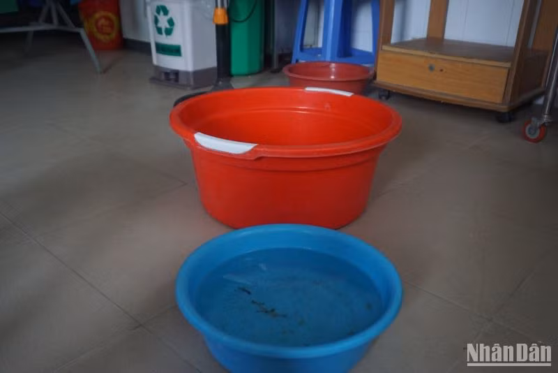 Nhân viên y tế hứng thau, xô để nước không tràn ra hành lang. Nhân viên y tế hứng thau, xô để nước không tràn ra hành lang.