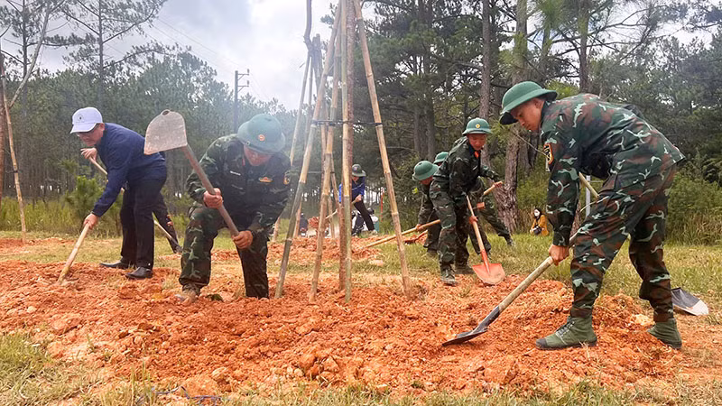 Lực lượng vũ trang trồng cây tại buổi lễ.