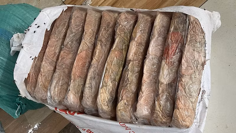 Toàn bộ 2,3 tấn thực phẩm bị thu giữ đều đang trong tình trạng bốc mùi hôi thối, đổi màu thâm đen và chảy nước.