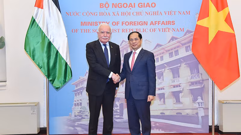 Phó Thủ tướng, Bộ trưởng Ngoại giao Bùi Thanh Sơn tiếp ông Riad Malki, Cố vấn đối ngoại, Đặc phái viên của Tổng thống Palestine đang trong chuyến thăm Việt Nam. (Ảnh: Bộ Ngoại giao Việt Nam)