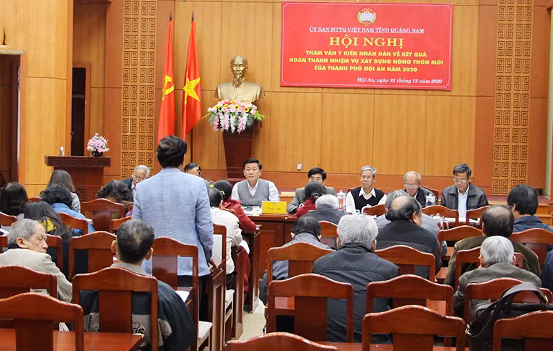Ủy ban Mặt trận Tổ quốc Việt Nam tỉnh Quảng Nam tổ chức Hội nghị tham vấn ý kiến nhân dân về kết quả hoàn thành nhiệm vụ xây dựng nông thôn mới của thành phố Hội An. Ủy ban Mặt trận Tổ quốc Việt Nam tỉnh Quảng Nam tổ chức Hội nghị tham vấn ý kiến nhân dân về kết quả hoàn thành nhiệm vụ xây dựng nông thôn mới của thành phố Hội An.